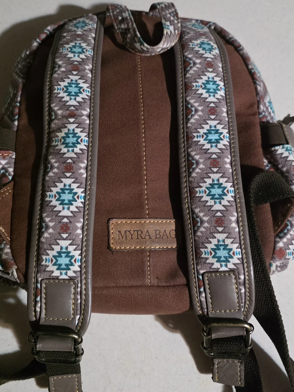 Myra Bag Brown, Teal & White Patterned Backpack